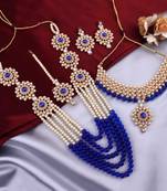 Alloy Blue Gold-plated Bridal Set With Long & short Necklace and 1 mang Tika & 2 Earrings