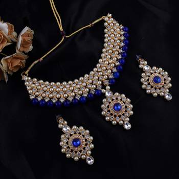 Alloy Blue Gold-plated Bridal Set With Long & short Necklace and 1 mang Tika & 2 Earrings 2