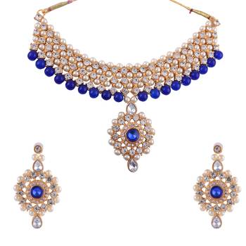 Alloy Blue Gold-plated Bridal Set With Long & short Necklace and 1 mang Tika & 2 Earrings 3