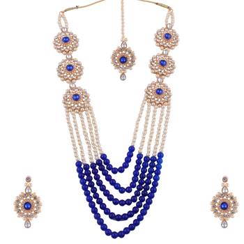 Alloy Blue Gold-plated Bridal Set With Long & short Necklace and 1 mang Tika & 2 Earrings 4