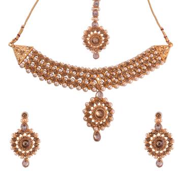 Alloy White Gold-plated Bridal Set With Long & short Necklace and 1 mang Tika & 2 Earrings 3