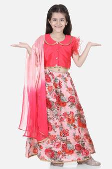 pink Ruffle Sleeve Floral Lehenga
