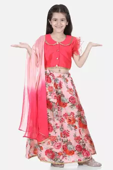 pink Ruffle Sleeve Floral Lehenga