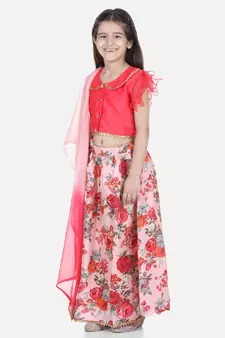 pink Ruffle Sleeve Floral Lehenga