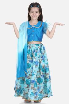 blue Ruffle Sleeve Floral Lehenga