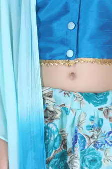 blue Ruffle Sleeve Floral Lehenga