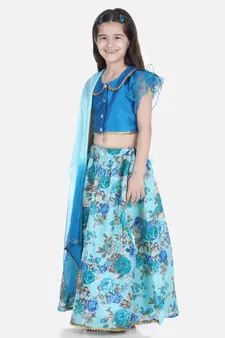 blue Ruffle Sleeve Floral Lehenga