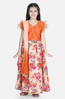 orange Ruffle Sleeve Floral Lehenga