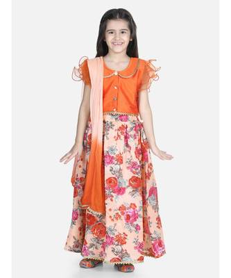 orange Ruffle Sleeve Floral Lehenga 1