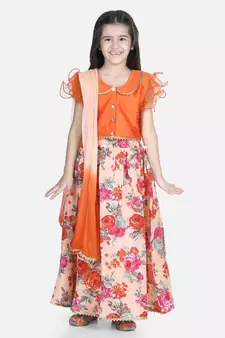 orange Ruffle Sleeve Floral Lehenga