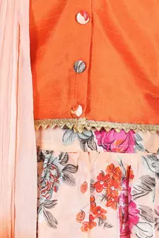 orange Ruffle Sleeve Floral Lehenga