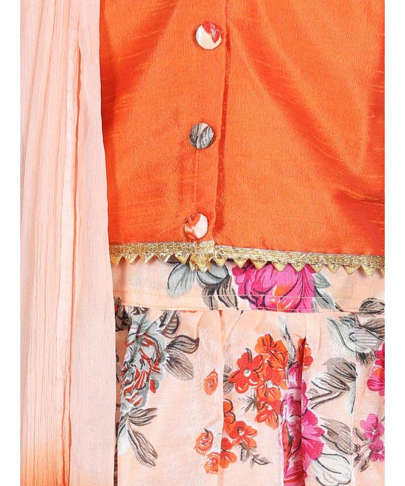 orange Ruffle Sleeve Floral Lehenga