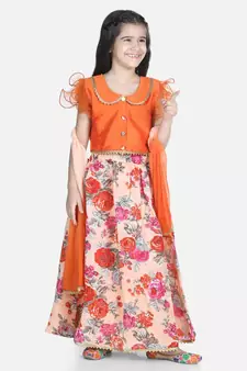 orange Ruffle Sleeve Floral Lehenga