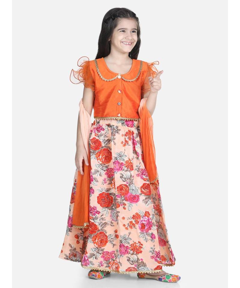 orange Ruffle Sleeve Floral Lehenga