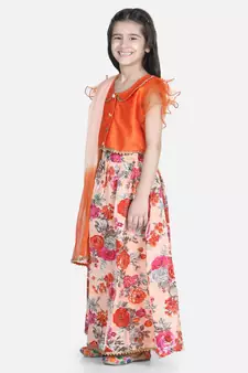 orange Ruffle Sleeve Floral Lehenga