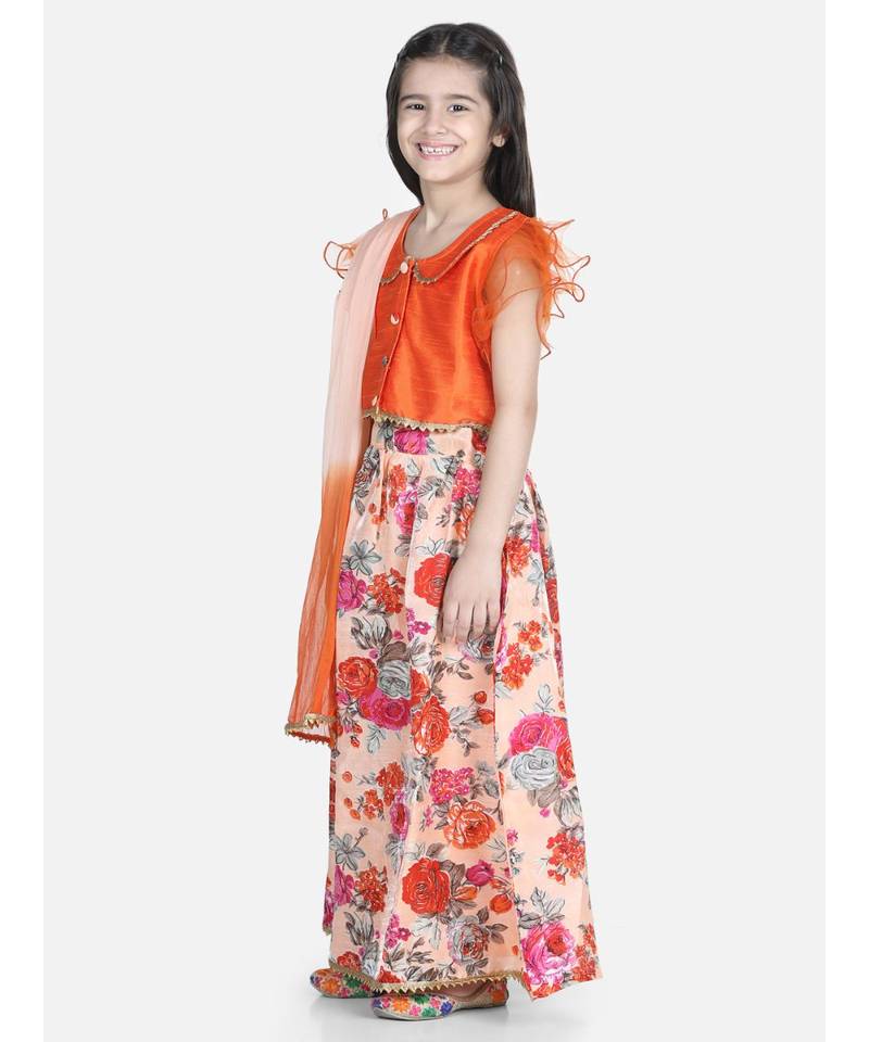 orange Ruffle Sleeve Floral Lehenga