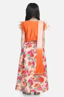 orange Ruffle Sleeve Floral Lehenga