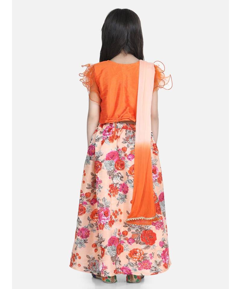 orange Ruffle Sleeve Floral Lehenga