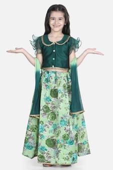 green Ruffle Sleeve Floral Lehenga