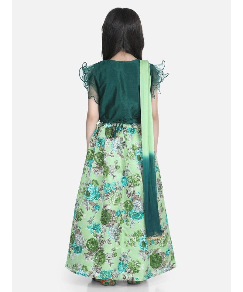 green Ruffle Sleeve Floral Lehenga