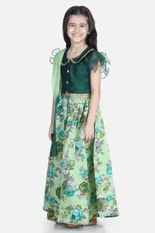 green Ruffle Sleeve Floral Lehenga