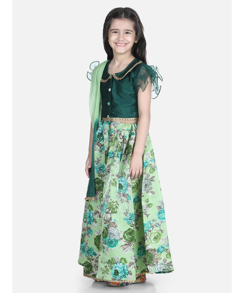 green Ruffle Sleeve Floral Lehenga