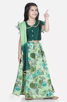green Ruffle Sleeve Floral Lehenga