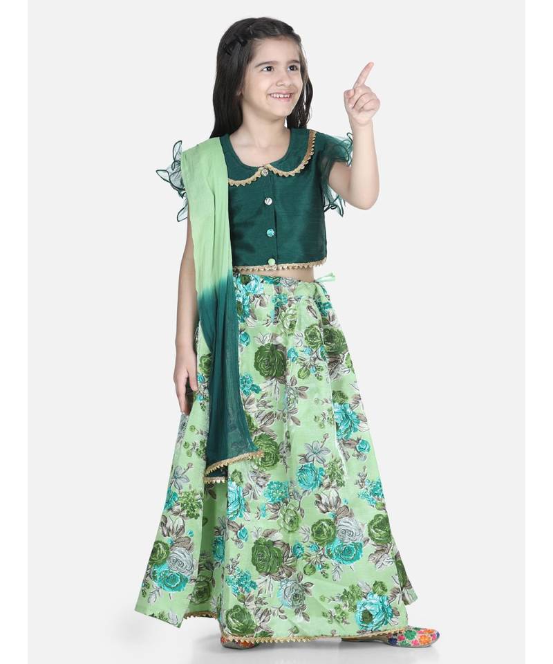 green Ruffle Sleeve Floral Lehenga