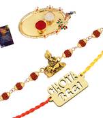 Rakhi Rudraksh "Radha Krishna "With Stylish" BRO"  With Roli Chawal ,Greeting Card,1 Pooja Thali