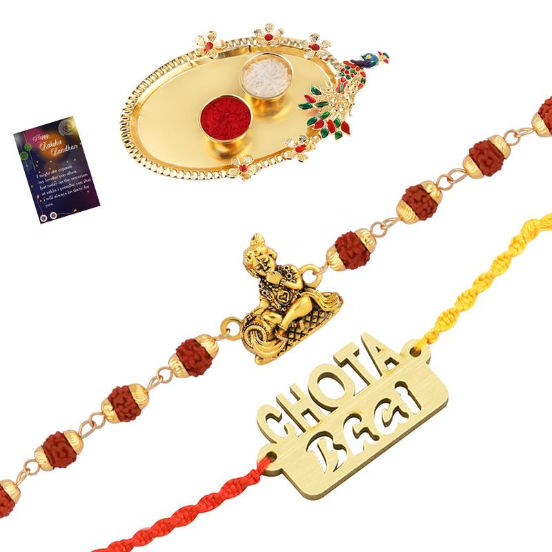 Rakhi Rudraksh "Radha Krishna "With Stylish" BRO"  With Roli Chawal ,Greeting Card,1 Pooja Thali