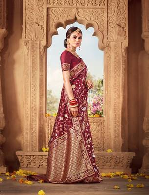 Maroon woven silk blend saree with blouse 2