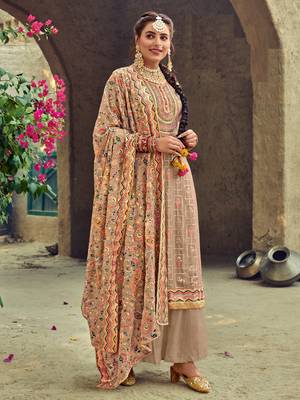 Beige Faux georgette semistiched shtraight style Pllazzo Suit 1