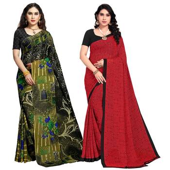Green,Red Printed Georgette Daily Wear Saree with Blouse Piece(Pack of 2) 1