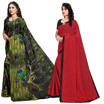 Green,Red Printed Georgette Daily Wear Saree with Blouse Piece(Pack of 2) 2