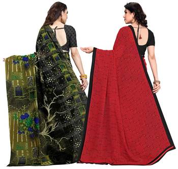 Green,Red Printed Georgette Daily Wear Saree with Blouse Piece(Pack of 2) 3