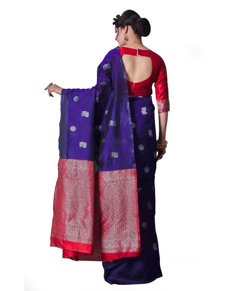 BLUE RED Banarasi Jacquard  Saree With Blouse