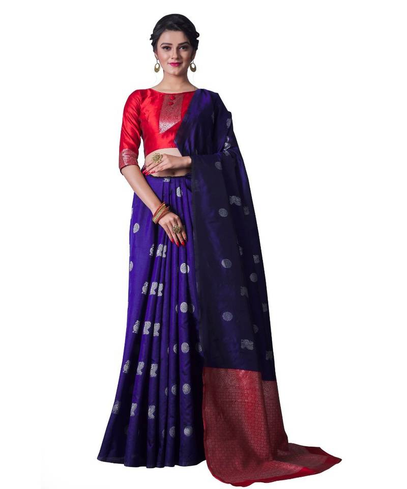 BLUE RED Banarasi Jacquard  Saree With Blouse