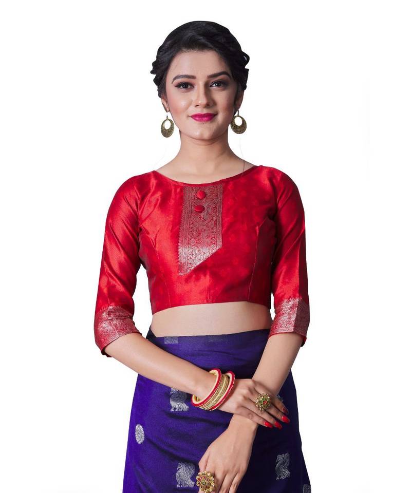 BLUE RED Banarasi Jacquard  Saree With Blouse
