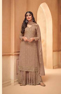 Beige Faux georgette semistiched shtraight style Pllazzo Suit with Top And Bottom Full Embroidery Work 1