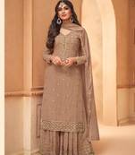 Beige Faux georgette semistiched shtraight style Pllazzo Suit with Top And Bottom Full Embroidery Work