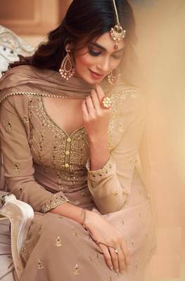 Beige Faux georgette semistiched shtraight style Pllazzo Suit with Top And Bottom Full Embroidery Work 2