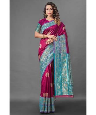 MAGENTA  Banarasi Jacquard  Saree With Blouse 1