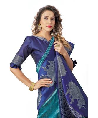 FIROJI NAVY Banarasi Jacquard  Saree With Blouse 4