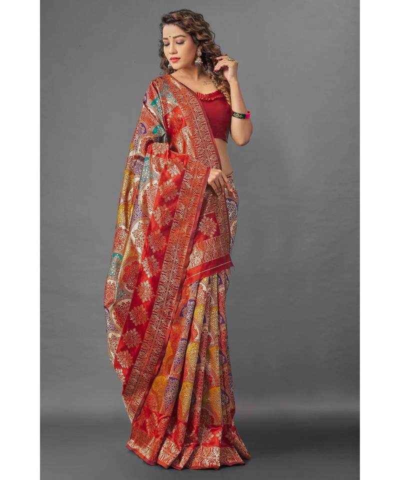 RED  Banarasi Jacquard  Saree With Blouse