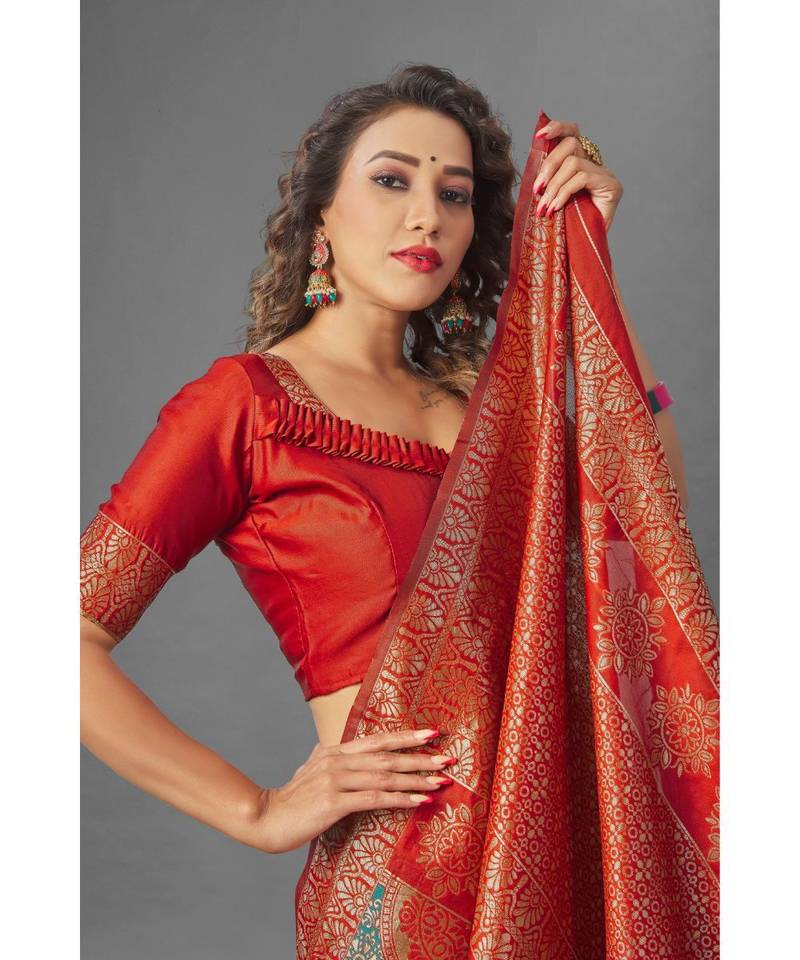 RED  Banarasi Jacquard  Saree With Blouse