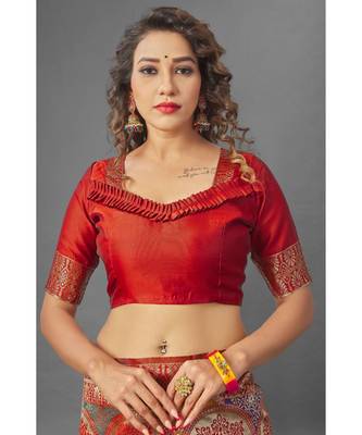 RED  Banarasi Jacquard  Saree With Blouse 4