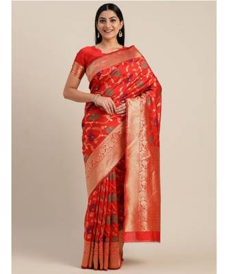 RED  Banarasi Jacquard  Saree With Blouse 1