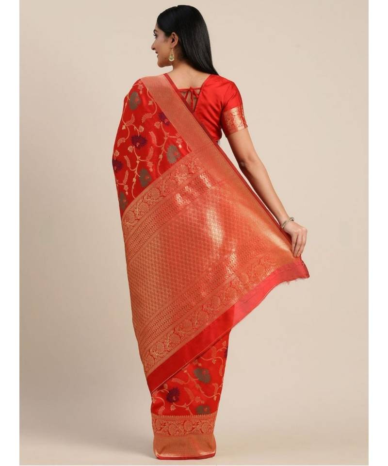 RED  Banarasi Jacquard  Saree With Blouse