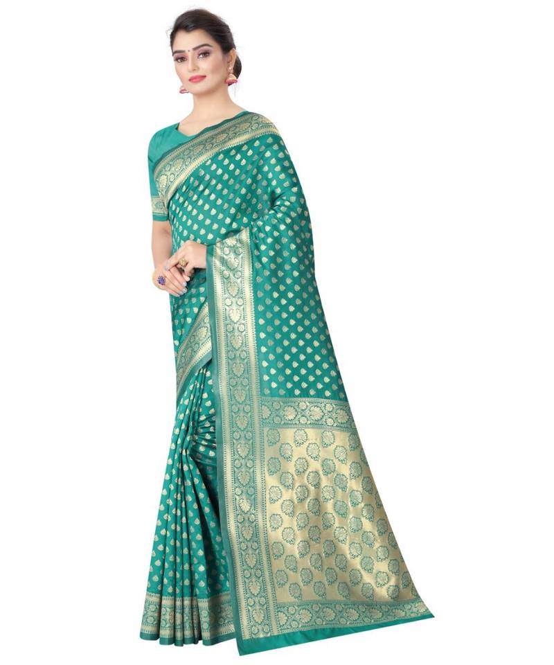 RAMA GREEN Banarasi Jacquard  Saree With Blouse