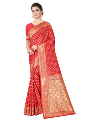 ROYAL RED Banarasi Jacquard  Saree With Blouse 3